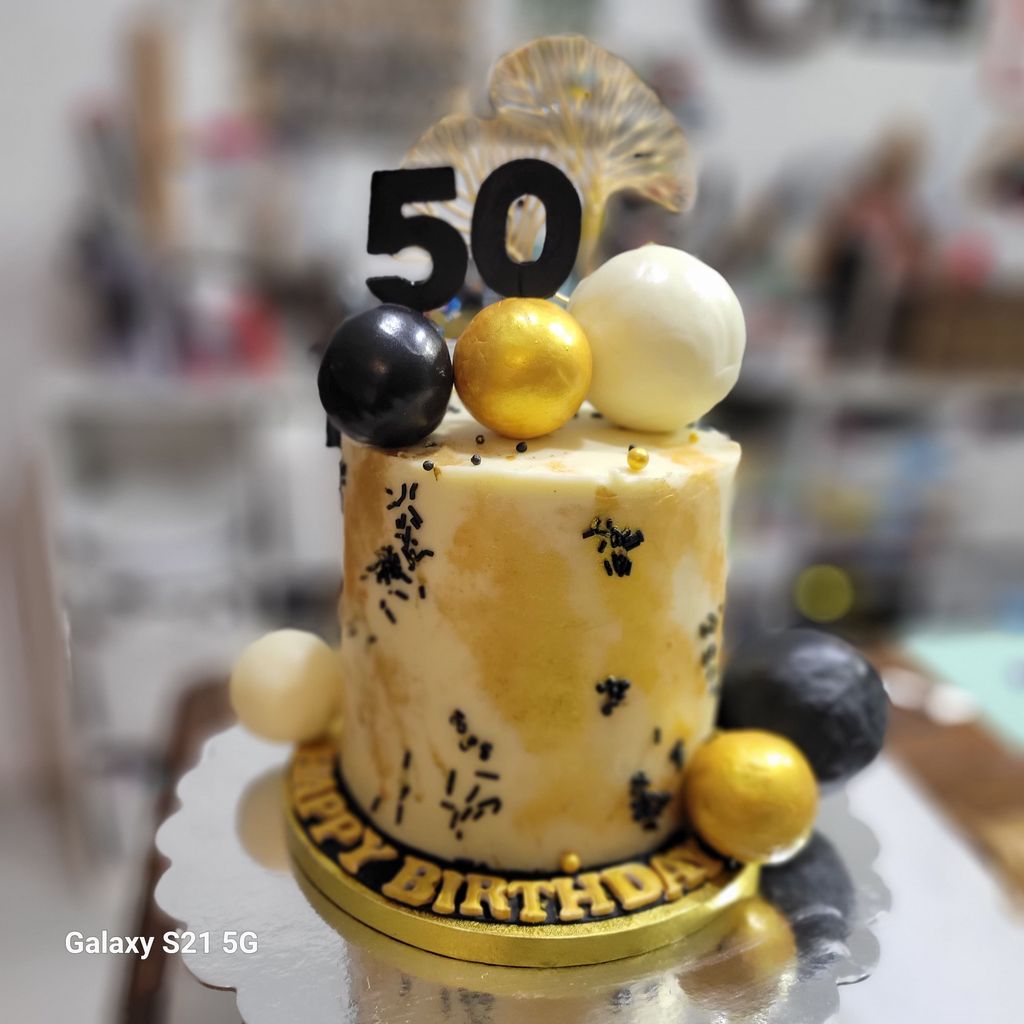Golden Black & White 50th Birthday Cake