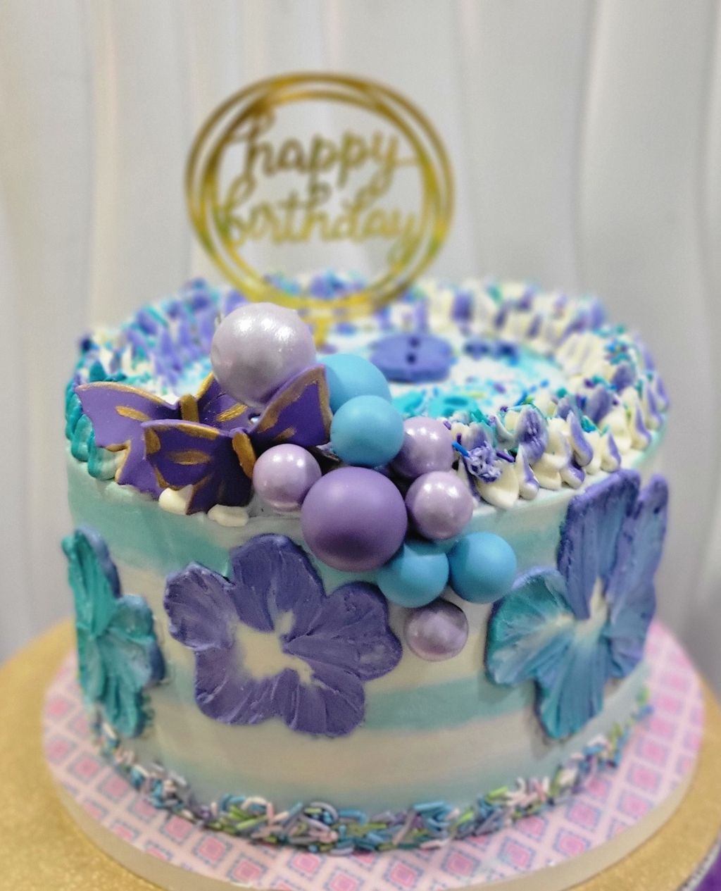 Elegant Purple & Teal Floral Birthday Cake