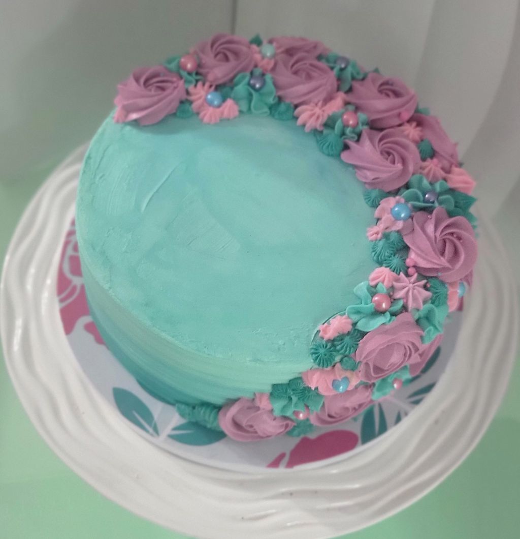 Elegant Purple & Teal Floral Birthday Cake