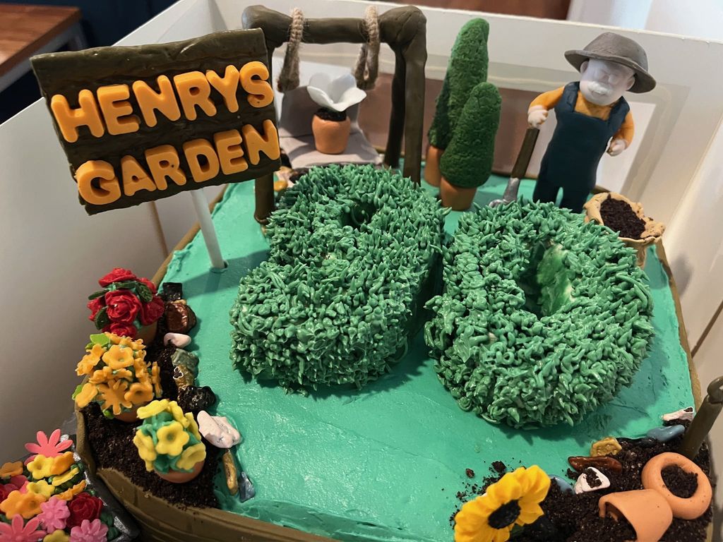 Garden-Themed 90th Birthday Cake with Fondant Gardening Decorations