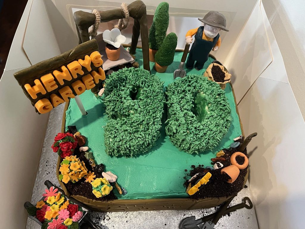Garden-Themed 90th Birthday Cake with Fondant Gardening Decorations