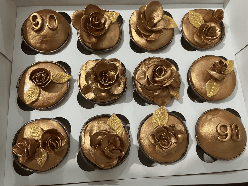 Antique Gold Cupcakes with Fondant Roses for 90th Celebration