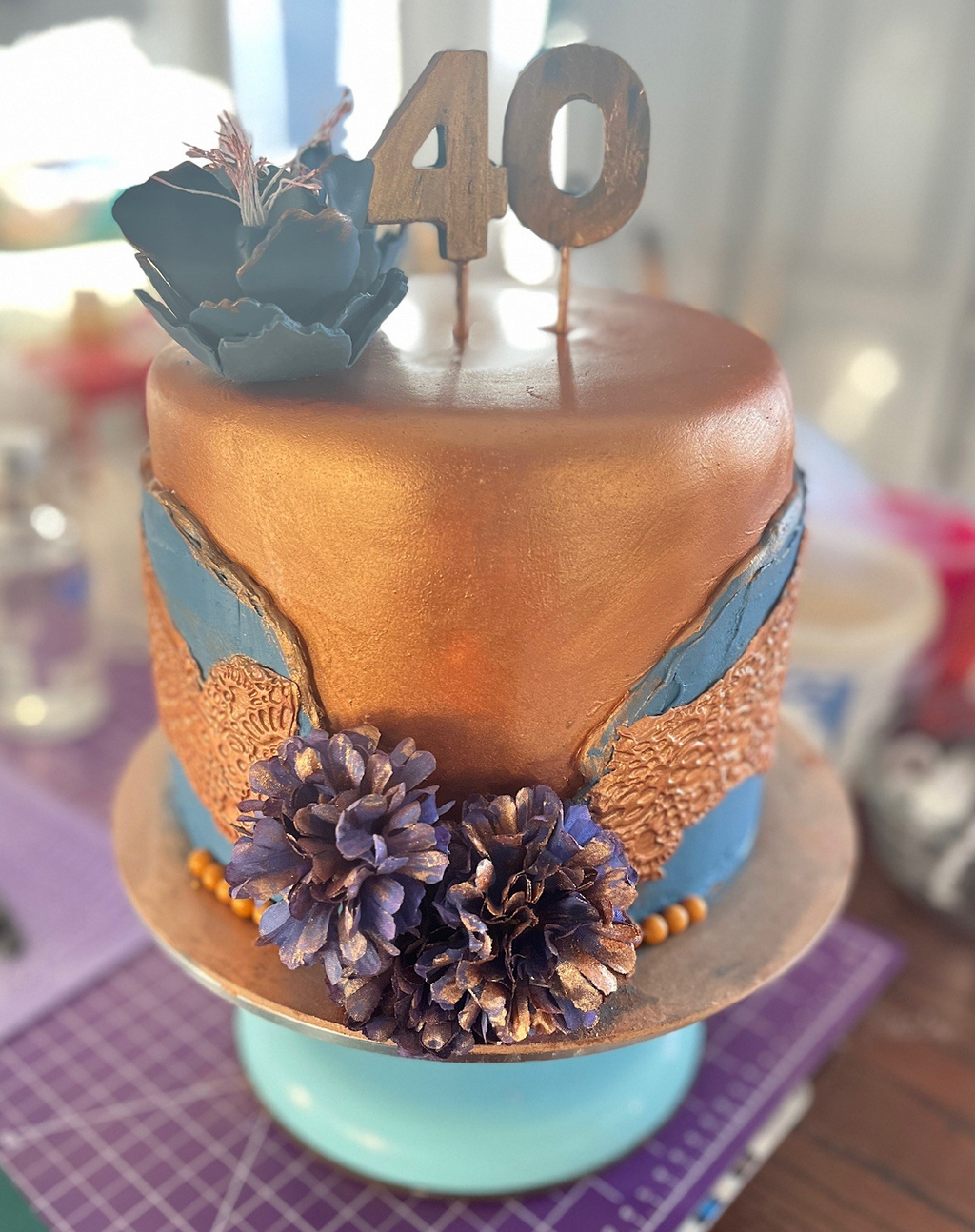 40th Rose Gold & Blue Cake