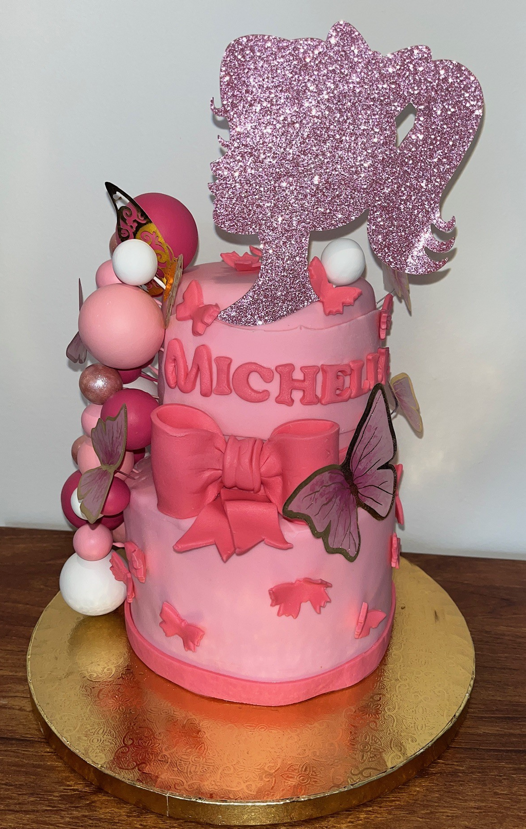 Pink Barbie-Themed Birthday Cake with Silhouette Topper and Butterflies