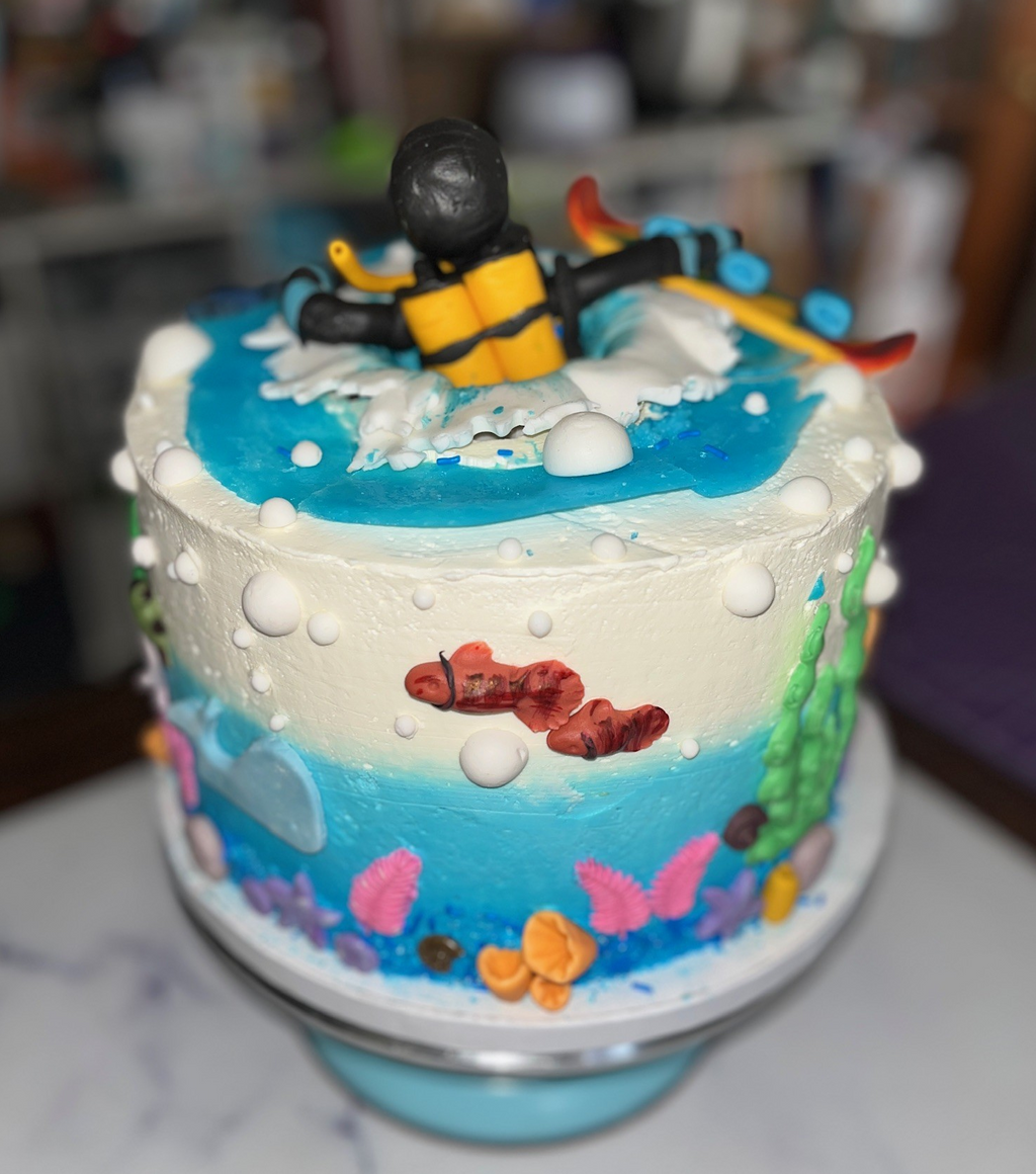 Scuba Diving-Themed 50th Birthday Cake with Fondant Sea Creatures