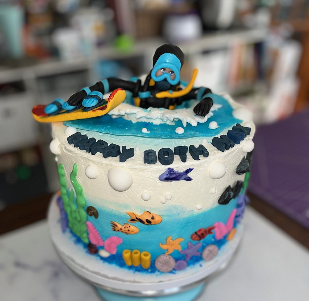 Scuba Diving-Themed 50th Birthday Cake with Fondant Sea Creatures